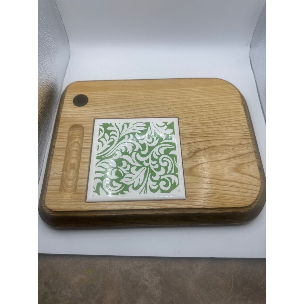 Vintage Japan Wood Cheese Board Green Ceramic Tile Inlay Magnetic Knife Holder